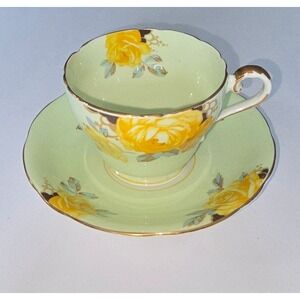 Aynsley England Bone China Teacup and Saucer Set Light Green Yellow Rose Gilt